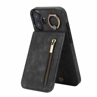 For iPhone 16 Plus Retro Ring and Zipper RFID Card Slot Phone Case(Black)