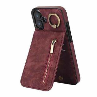 For iPhone 16 Plus Retro Ring and Zipper RFID Card Slot Phone Case(Wine Red)