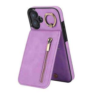 For iPhone 16 Plus Retro Ring and Zipper RFID Card Slot Phone Case(Purple)