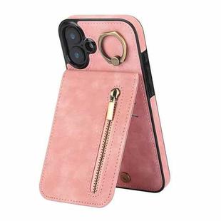 For iPhone 16 Retro Ring and Zipper RFID Card Slot Phone Case(Pink)