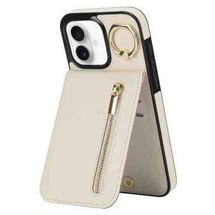 For iPhone 16 Retro Ring and Zipper RFID Card Slot Phone Case(White)