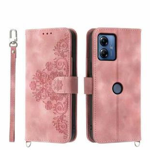 For Motorola Moto G14 Skin-feel Flowers Embossed Wallet Leather Phone Case(Pink)