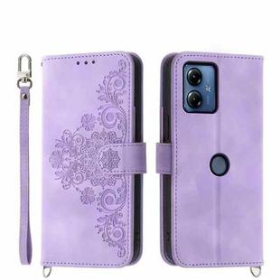 For Motorola Moto G14 Skin-feel Flowers Embossed Wallet Leather Phone Case(Purple)