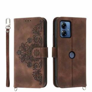 For Motorola Moto G14 Skin-feel Flowers Embossed Wallet Leather Phone Case(Brown)
