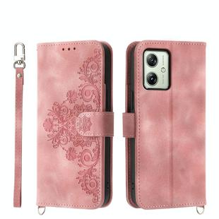 For Motorola Moto G54 Skin-feel Flowers Embossed Wallet Leather Phone Case(Pink)