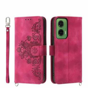 For Motorola Moto G35 Skin Feel Flowers Embossed Wallet Leather Phone Case(Wine Red)