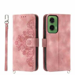 For Motorola Moto G55 Skin Feel Flowers Embossed Wallet Leather Phone Case(Pink)