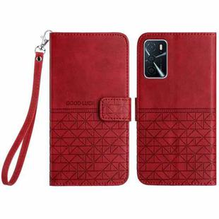 For OPPO A16 Rhombic Texture Leather Phone Case with Lanyard(Red)