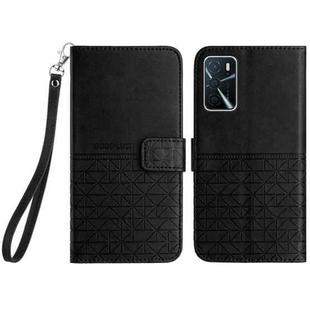 For OPPO A16 Rhombic Texture Leather Phone Case with Lanyard(Black)
