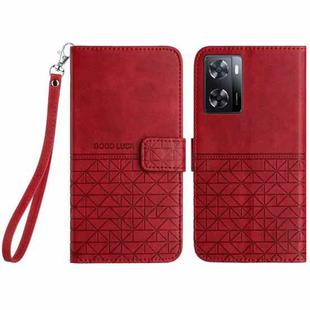 For OPPO A57 4G 2022 Rhombic Texture Leather Phone Case with Lanyard(Red)