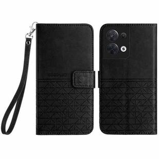 For OPPO Reno8 Rhombic Texture Leather Phone Case with Lanyard(Black)