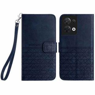 For OPPO Reno8 Rhombic Texture Leather Phone Case with Lanyard(Blue)