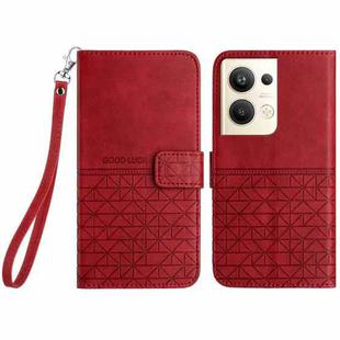 For OPPO Reno9 Pro+ Rhombic Texture Leather Phone Case with Lanyard(Red)