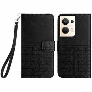 For OPPO Reno9 Pro+ Rhombic Texture Leather Phone Case with Lanyard(Black)