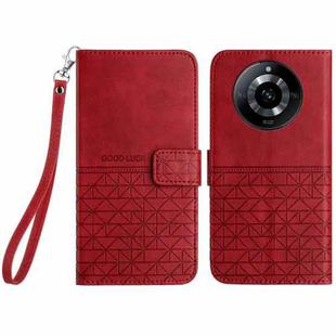 For Realme 11 Rhombic Texture Leather Phone Case with Lanyard(Red)