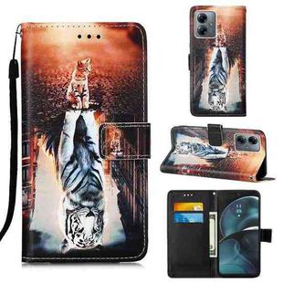 For Motorola Moto G14 Colored Drawing Pattern Plain Weave Leather Phone Case(Cats And Tigers)