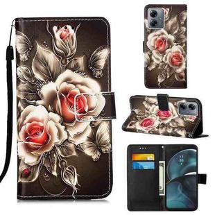 For Motorola Moto G14 Colored Drawing Pattern Plain Weave Leather Phone Case(Roses On Black)