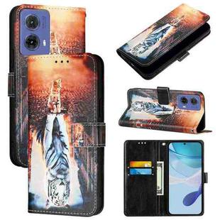 For Motorola Moto G85 Colored Drawing Pattern Plain Weave Leather Phone Case(Cats And Tigers)