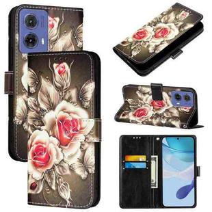 For Motorola Moto G85 Colored Drawing Pattern Plain Weave Leather Phone Case(Roses On Black)