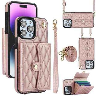 For iPhone 15 Pro Max Crossbody Rhombic Horizontal Wallet Leather Phone Case(Rose Gold)