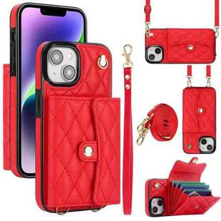 For iPhone 15 Crossbody Rhombic Horizontal Wallet Leather Phone Case(Red)