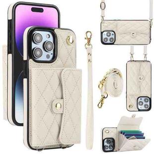 For iPhone 14 Pro Max Crossbody Rhombic Horizontal Wallet Leather Phone Case(White)