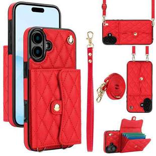 For iPhone 16 Plus Crossbody Rhombic Horizontal Wallet Leather Phone Case(Red)