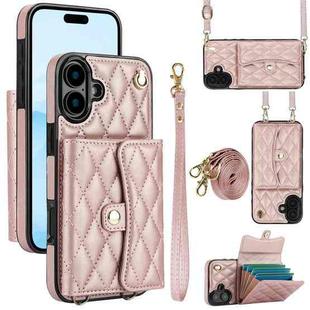 For iPhone 16 Plus Crossbody Rhombic Horizontal Wallet Leather Phone Case(Rose Gold)