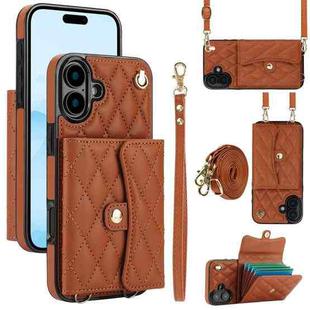 For iPhone 16 Plus Crossbody Rhombic Horizontal Wallet Leather Phone Case(Brown)