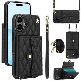 For iPhone 16 Crossbody Rhombic Horizontal Wallet Leather Phone Case(Black)