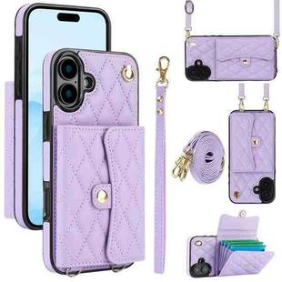 For iPhone 16 Crossbody Rhombic Horizontal Wallet Leather Phone Case(Purple)