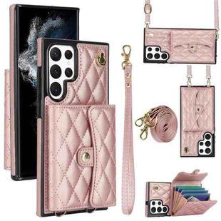 For Samsung Galaxy S22 Ultra 5G Crossbody Rhombic Horizontal Wallet Leather Phone Case(Rose Gold)