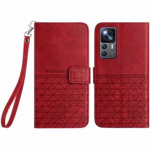 For Xiaomi 12T Rhombic Texture Leather Phone Case with Lanyard(Red)