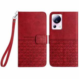 For Xiaomi 13 Lite Rhombic Texture Leather Phone Case with Lanyard(Red)