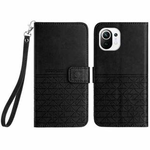 For Xiaomi Mi 11 Lite Rhombic Texture Leather Phone Case with Lanyard(Black)