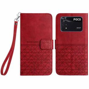 For Xiaomi Poco M4 Pro Rhombic Texture Leather Phone Case with Lanyard(Red)