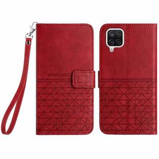 For Samsung Galaxy A12 5G Rhombic Texture Leather Phone Case with Lanyard(Red)