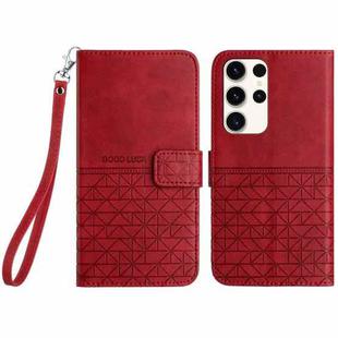 For Samsung Galaxy S22 Ultra 5G Rhombic Texture Leather Phone Case with Lanyard(Red)