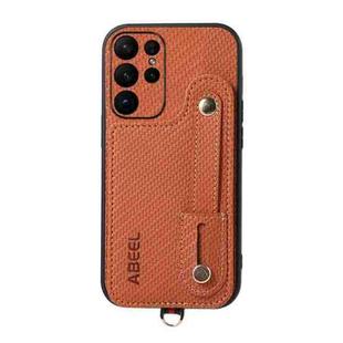 For Samsung Galaxy S23 Ultra 5G ABEEL Carbon Fiber RFID Card Holder Phone Case(Brown)