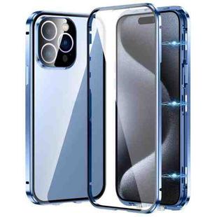 For iPhone 15 Pro Max Magnetic Double-buckle HD Tempered Glass Phone Case(Blue)