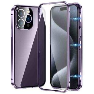 For iPhone 15 Pro Magnetic Double-buckle HD Tempered Glass Phone Case(Purple)