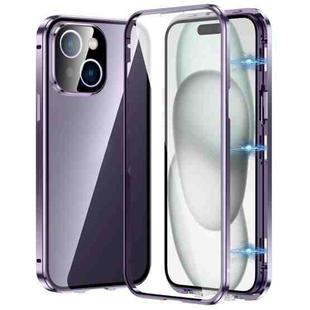 For iPhone 15 Plus Magnetic Double-buckle HD Tempered Glass Phone Case(Purple)