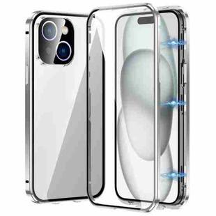 For iPhone 15 Magnetic Double-buckle HD Tempered Glass Phone Case(Silver)