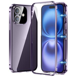 For iPhone 16 Magnetic Double-buckle HD Tempered Glass Phone Case(Purple)