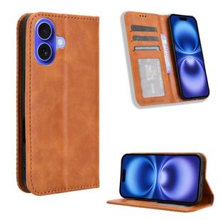 For iPhone 16 Plus Magnetic Buckle Retro Texture Leather Phone Case(Brown)