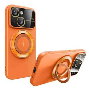 For iPhone 15 Large Window MagSafe Magnetic Holder Phone Case(Orange)
