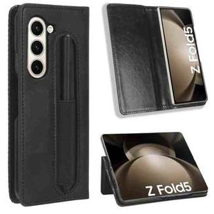 For Samsung Galaxy Z Fold5 Magnetic Buckle Retro Texture Leather Phone Case with Pen Slot(Black)