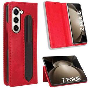 For Samsung Galaxy Z Fold5 Magnetic Buckle Retro Texture Leather Phone Case with Pen Slot(Red)