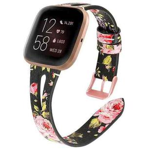 For Fitbit Versa 2 Leather Middle Opening Watch Band(Black Pink Flower)