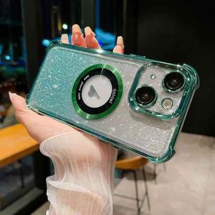 For iPhone 14 Plus 6D Electroplating Gradient Glitter Armor Magsafe Phone Case(Green)